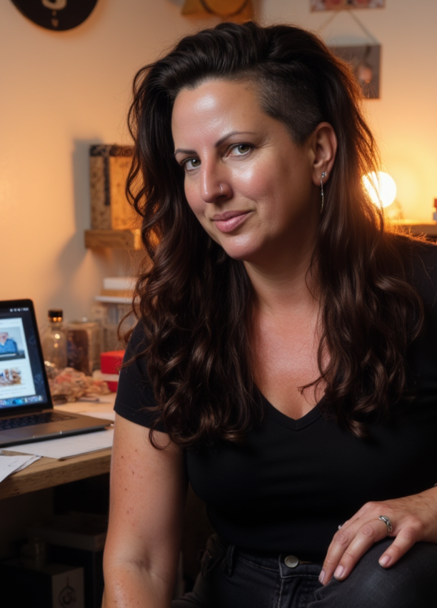 Kira McCoy working at her desk in the evening